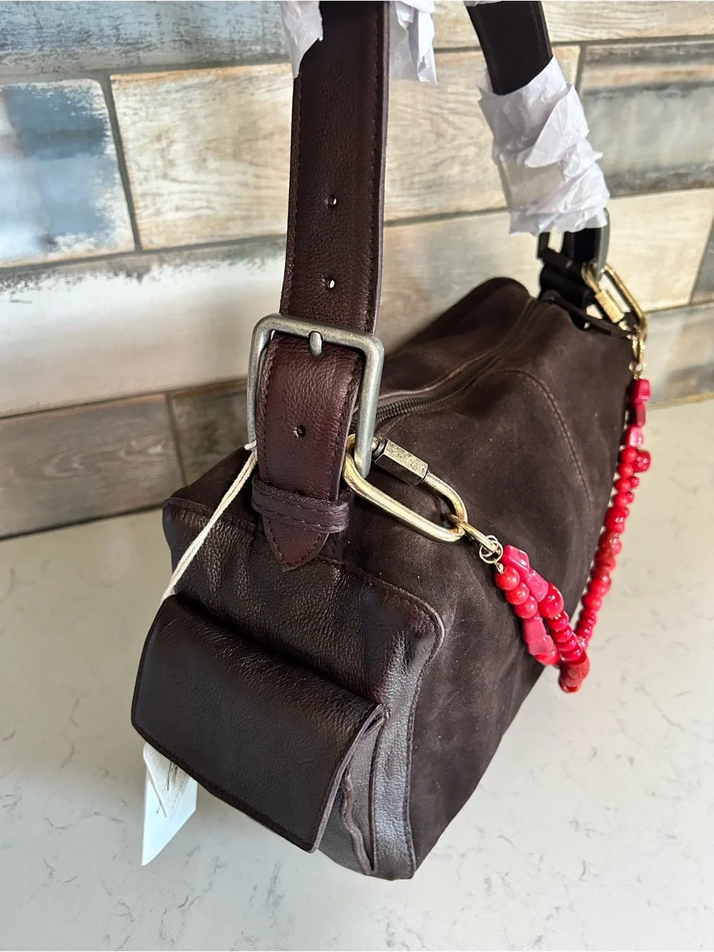 NWT Free People Suede Boxy Shoulder Bag in Espresso With Included Charm